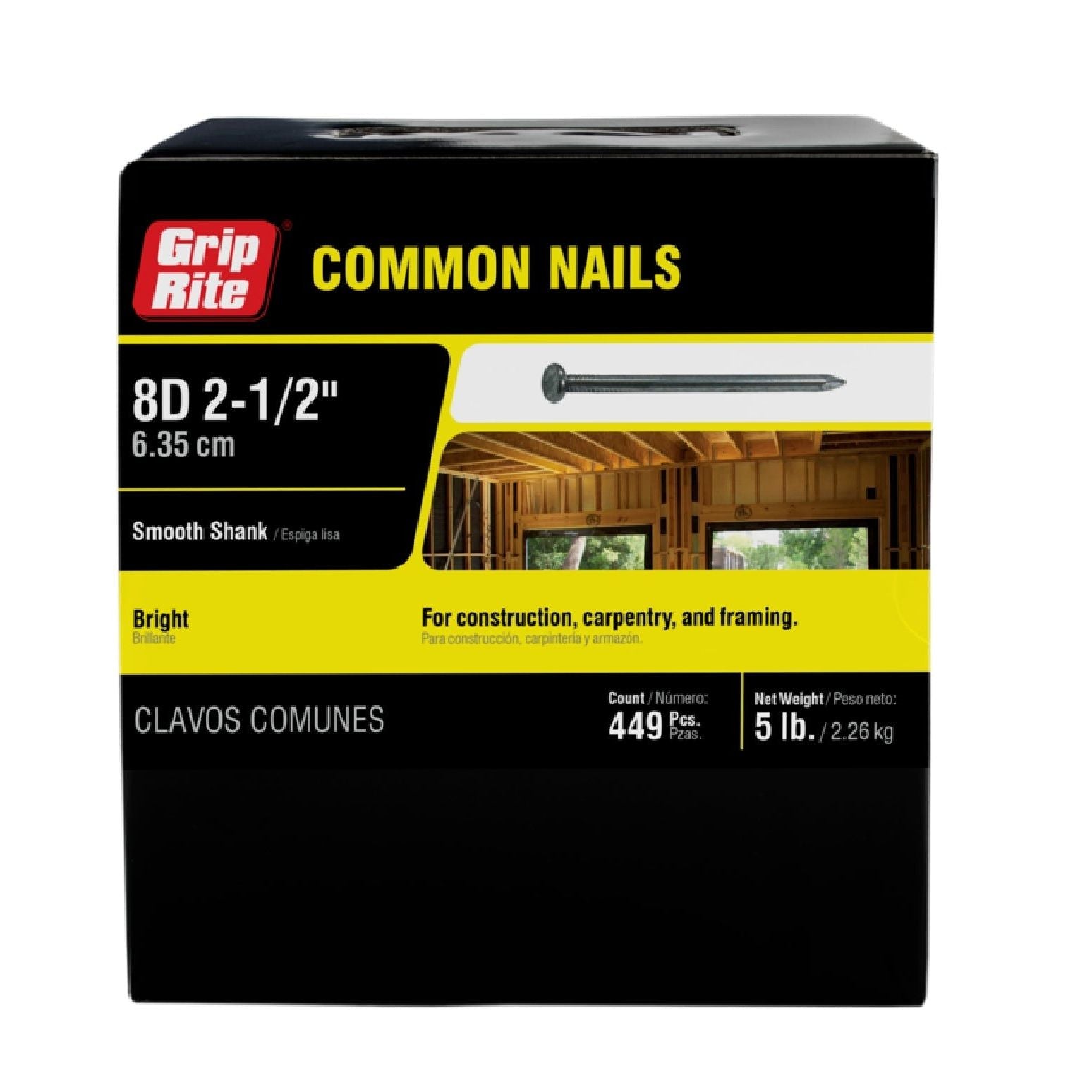 A black and yellow box of Grip-Rite 8C5 #10-1/4 x 2-1/2 in. 8D Bright Common Nails, containing 5 lbs. of smooth shank nails, suitable for construction, carpentry, and framing.